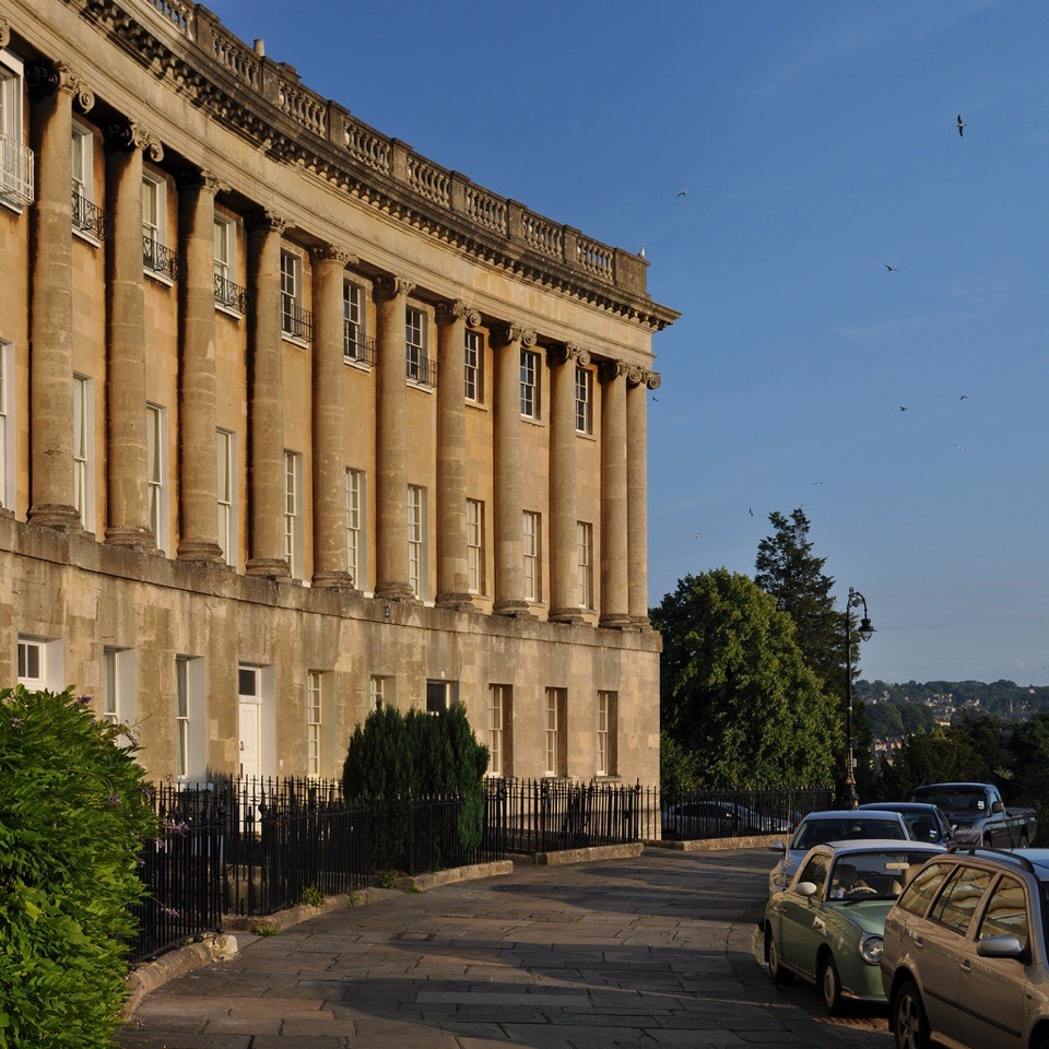 The curved Bath stone frontage of the Royal Crescent at Bath